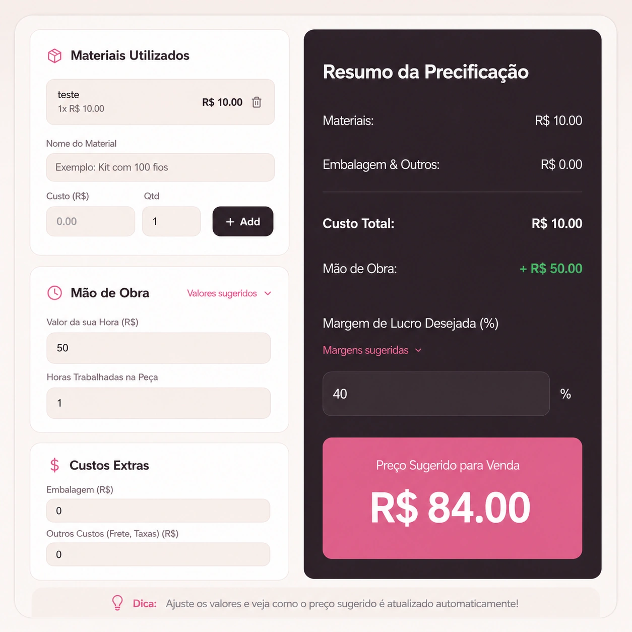 Tela da Calculadora de Precificação, com campos de materiais, mão de obra e custos extras, mostrando o preço sugerido para venda