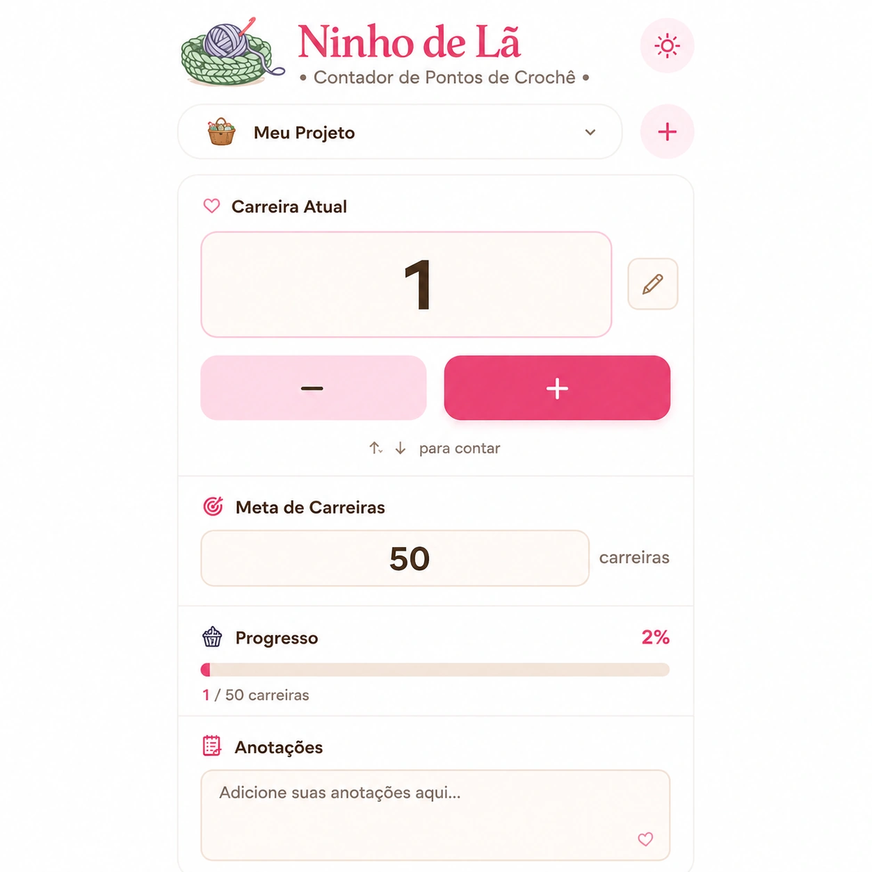 Tela do Contador de Pontos de Crochê da Ninho de Lã, mostrando a carreira atual, a meta de carreiras, a barra de progresso e o campo de anotações