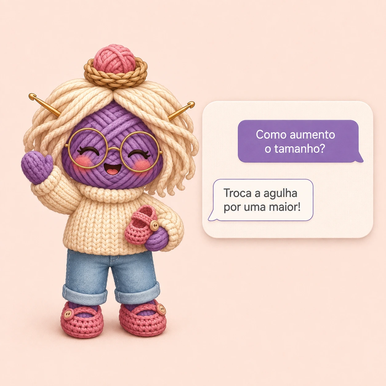 NINA IA, a ajudante de crochê da Ninho de Lã: uma personagem de lã com cabeça de novelo roxo, óculos redondos e agulhas de crochê no cabelo, ao lado de uma conversa em que ela responde como aumentar o tamanho da peça